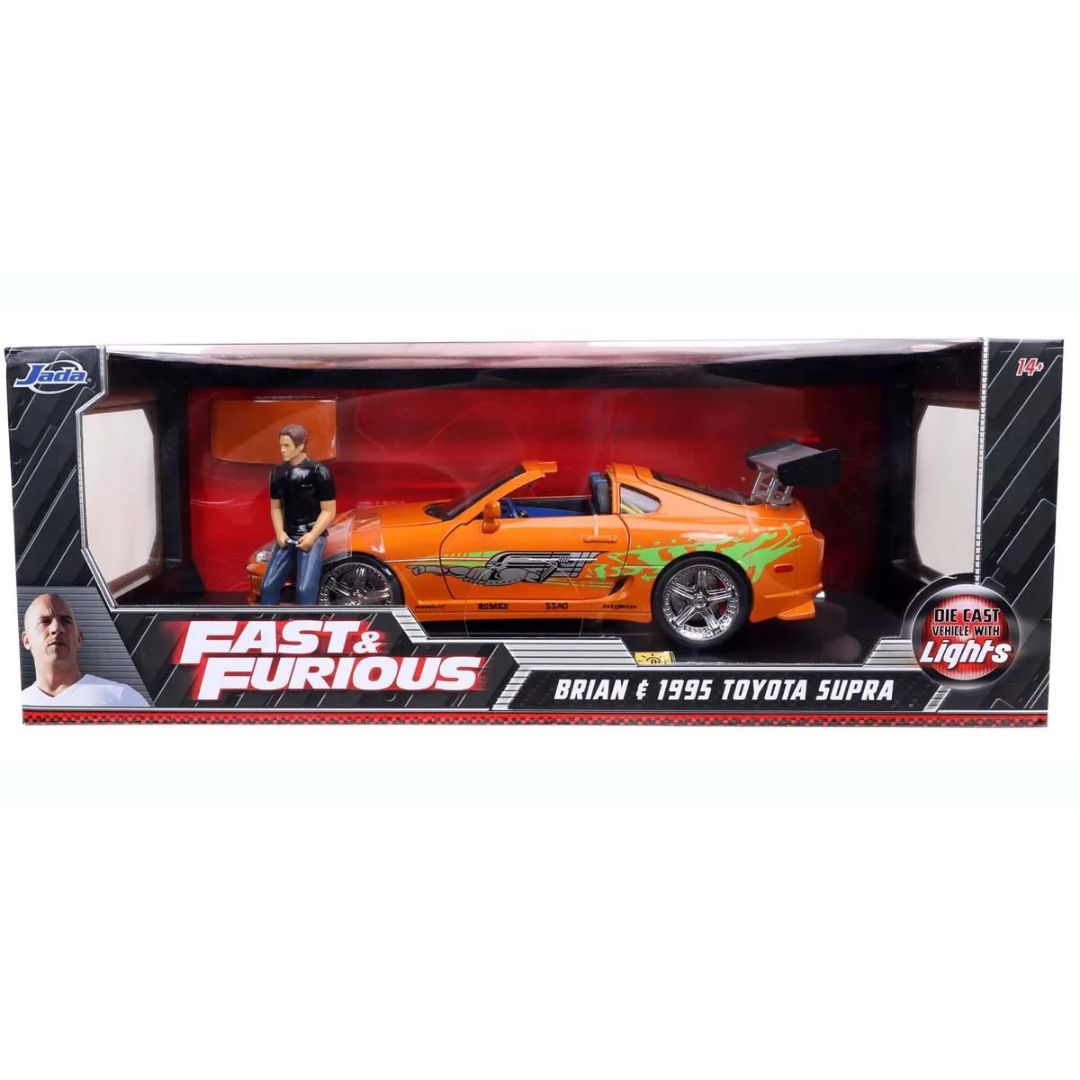 "JADA TOYS 1/18 F&F 1995 トヨタ スープラ オレンジ (ブライアン) ブライアンフィギュア付/ライト点灯" - 4548565434947